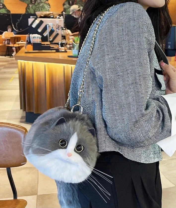 Realistic Grey and White Faux Fur Cat Bag