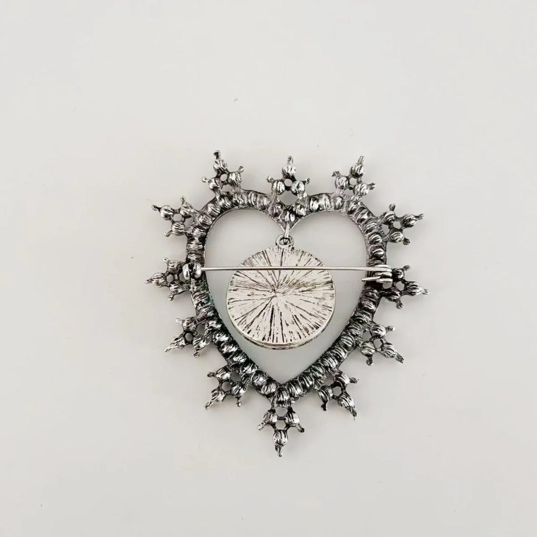Rhinestone Heart & Moon Face Brooch - Floral Fawna