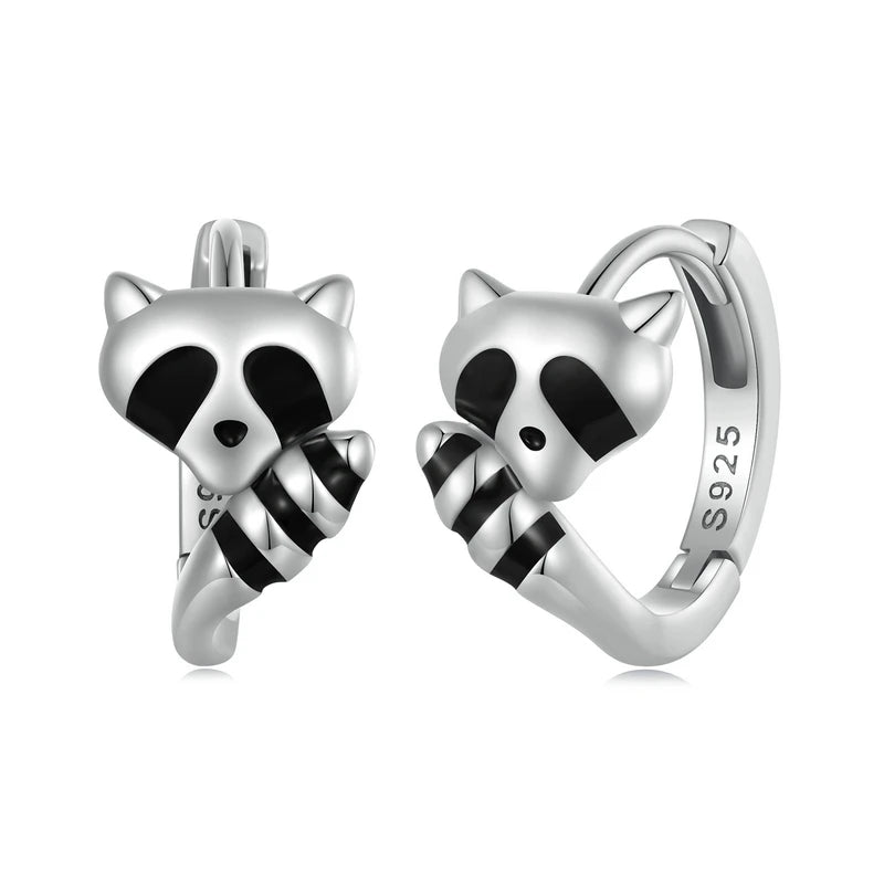 Sterling Silver Raccoon Hoop Earrings