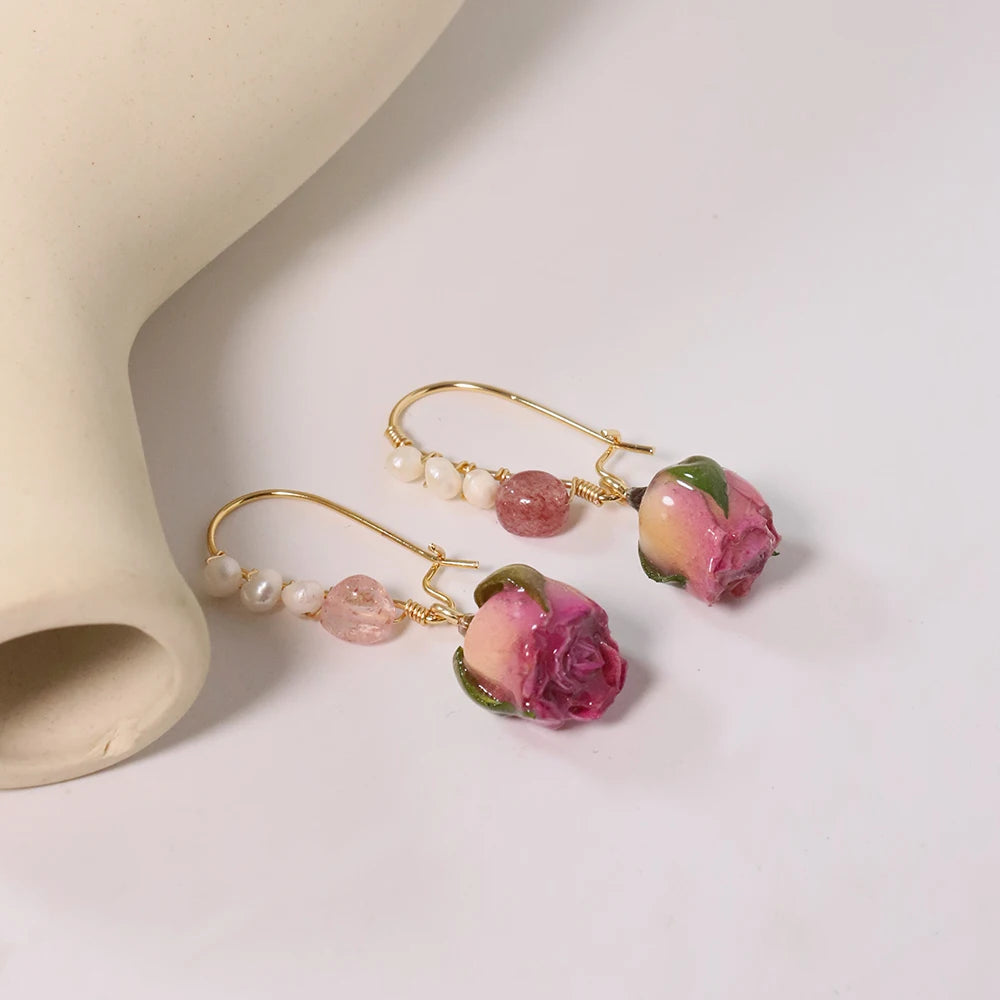 Pearl &amp; Rose Drop Earrings