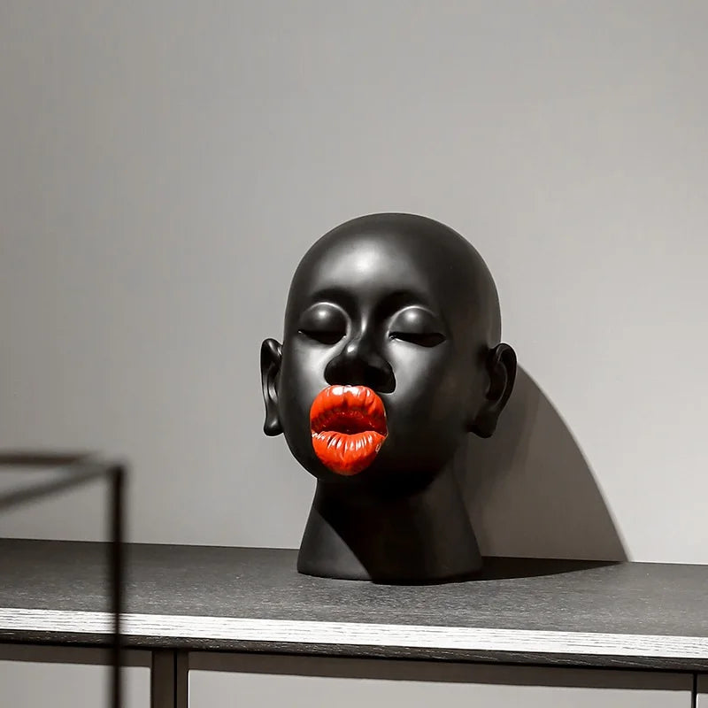 Red Lips Female Head Sculpture - Floral Fawna