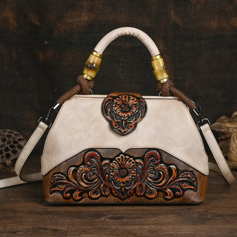 Leather Floral Carved Crossbody Bag - Floral Fawna