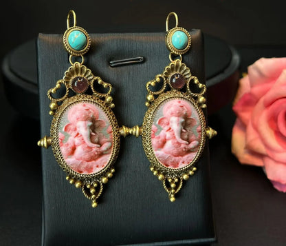 Pink Cameo Ganesh Elephant Earrings