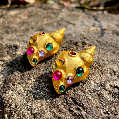Gold Conch Gem Earrings