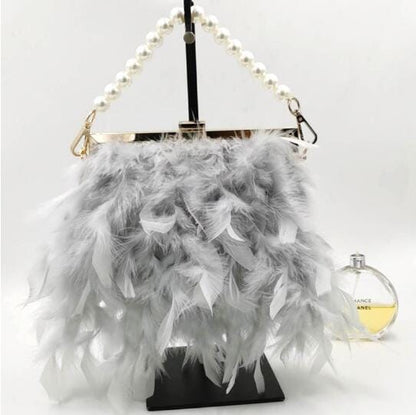 Gatsby Feather &amp; Pearl Evening Bag - Floral Fawna