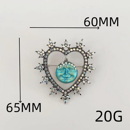 Rhinestone Heart &amp; Moon Face Brooch