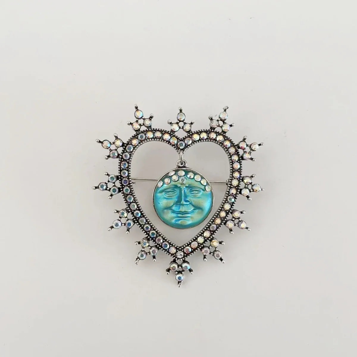 Rhinestone Heart &amp; Moon Face Brooch