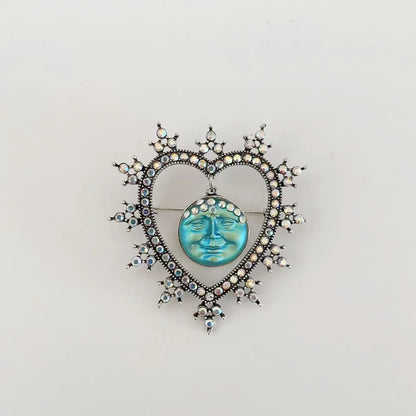 Rhinestone Heart &amp; Moon Face Brooch