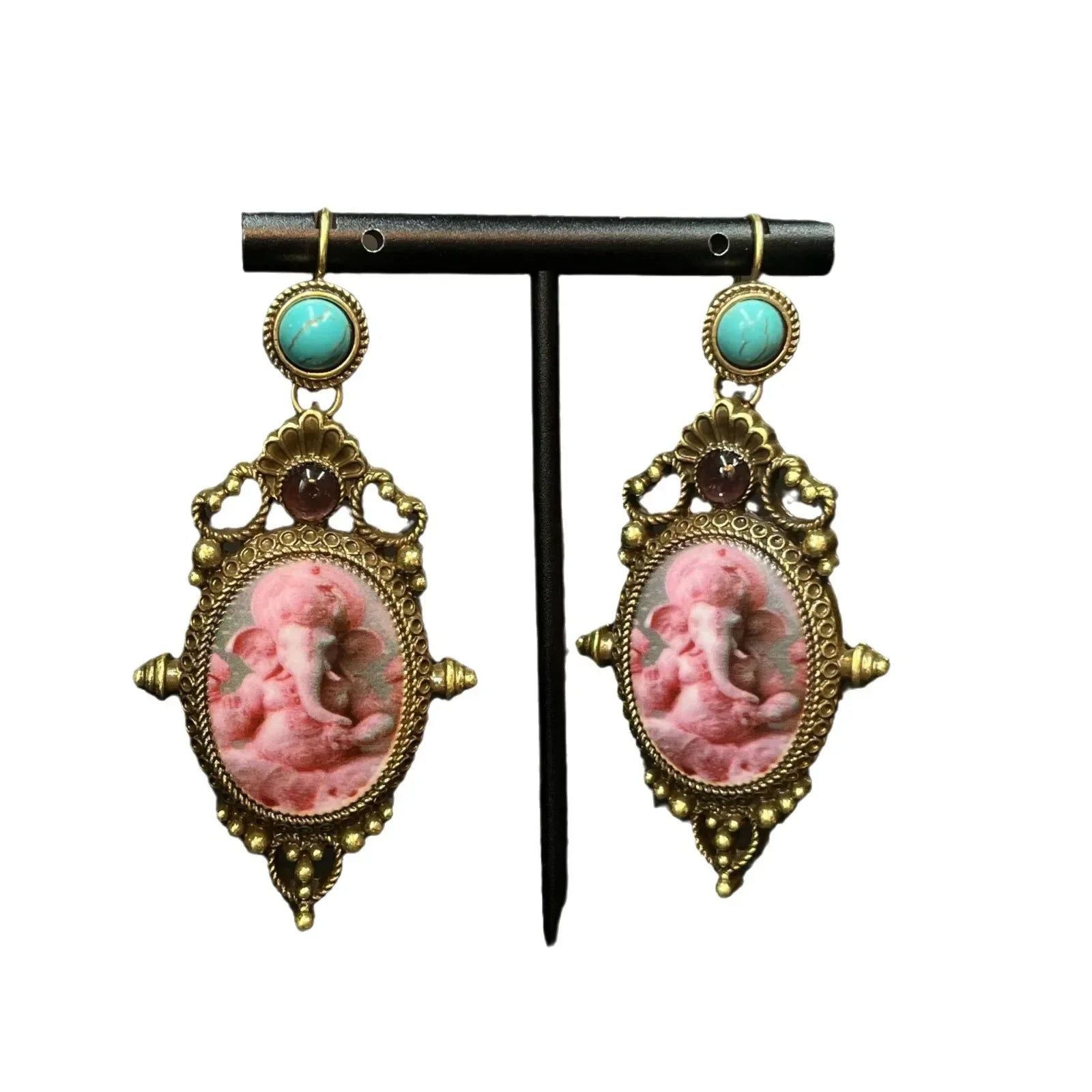 Pink Cameo Ganesh Elephant Earrings