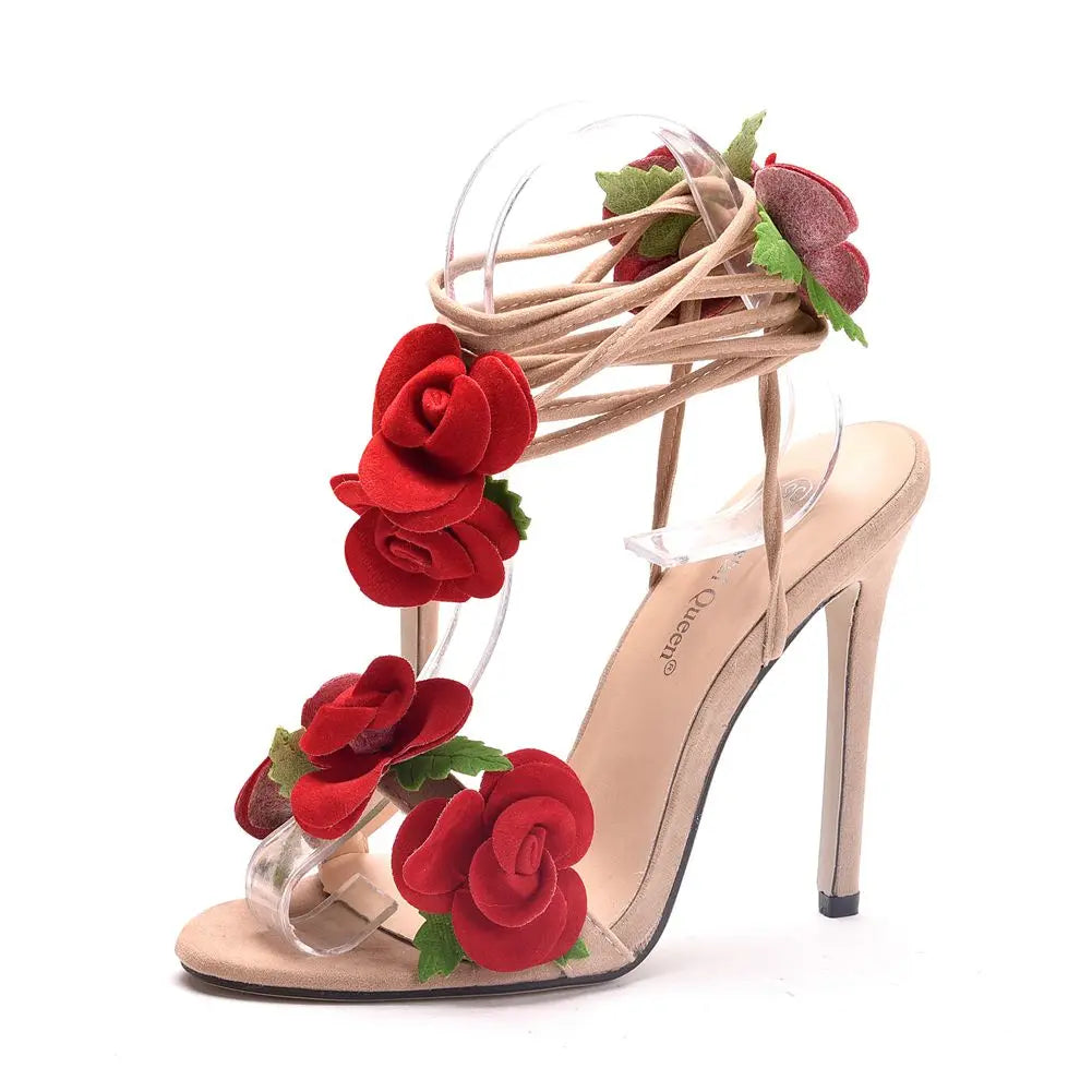 Rose Lace Up Stilettos - Floral Fawna