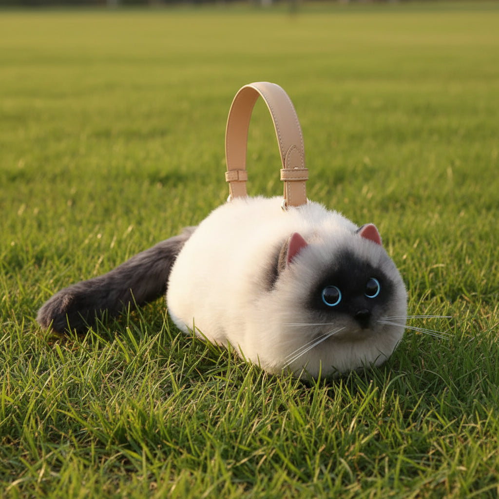Realistic Faux Fur Siamese Cat Bag - Floral Fawna