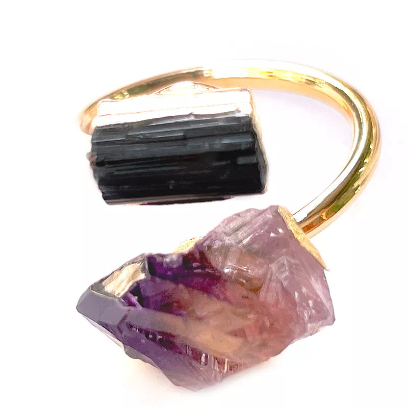 Raw Tourmaline and Amethyst Ring - Floral Fawna