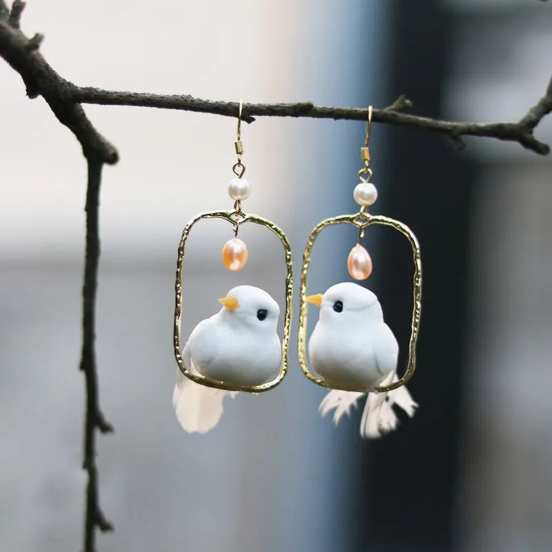3D Bird on Perch Dangle Earrings - Floral Fawna