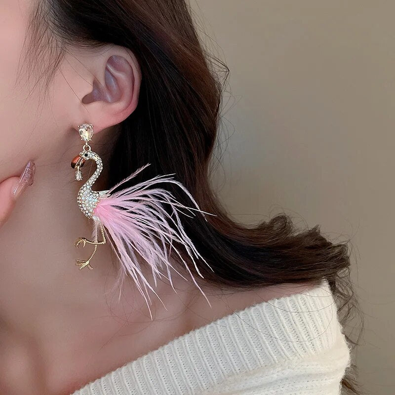 Statement Feather Flamingo Earrings - Floral Fawna