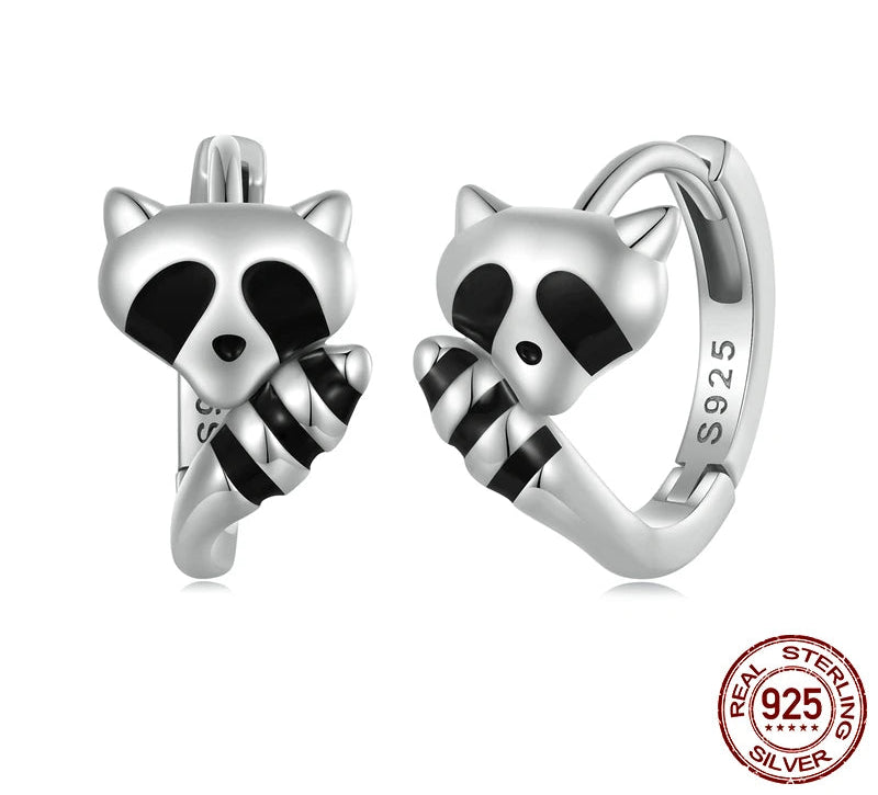 Sterling Silver Raccoon Hoop Earrings