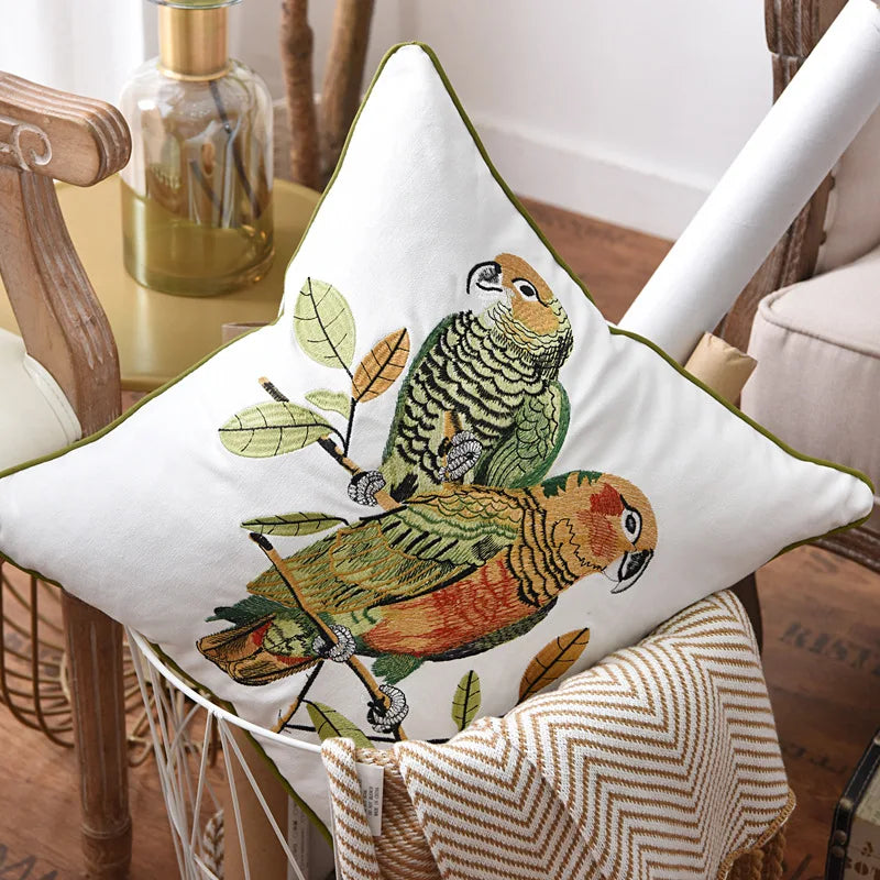 Parrot Embroidered Cushion Cover