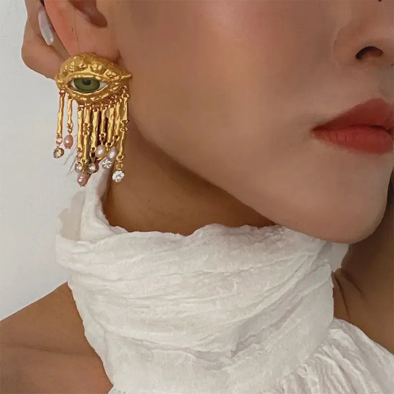 Statement Gold Eye Tassel Earrings - Floral Fawna