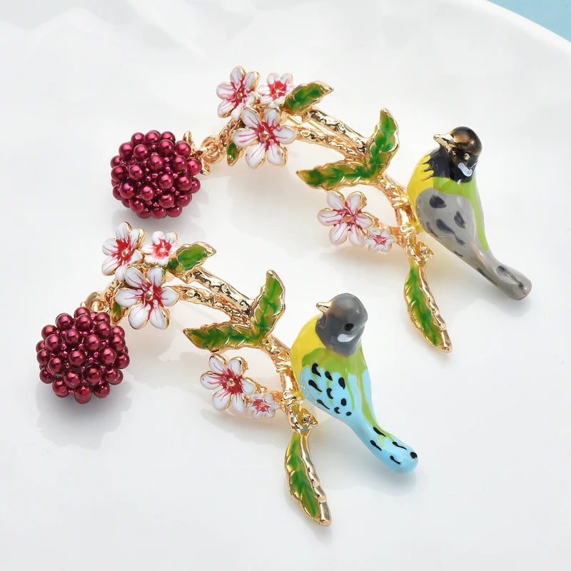 Bird, Raspberry, and Flower Branch Brooch