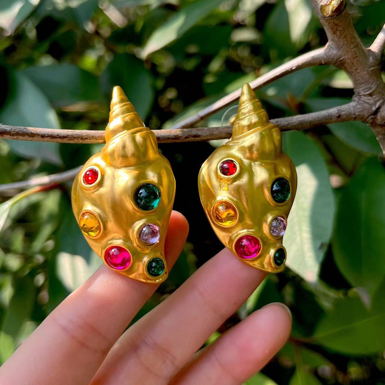 Gold Conch Gem Earrings