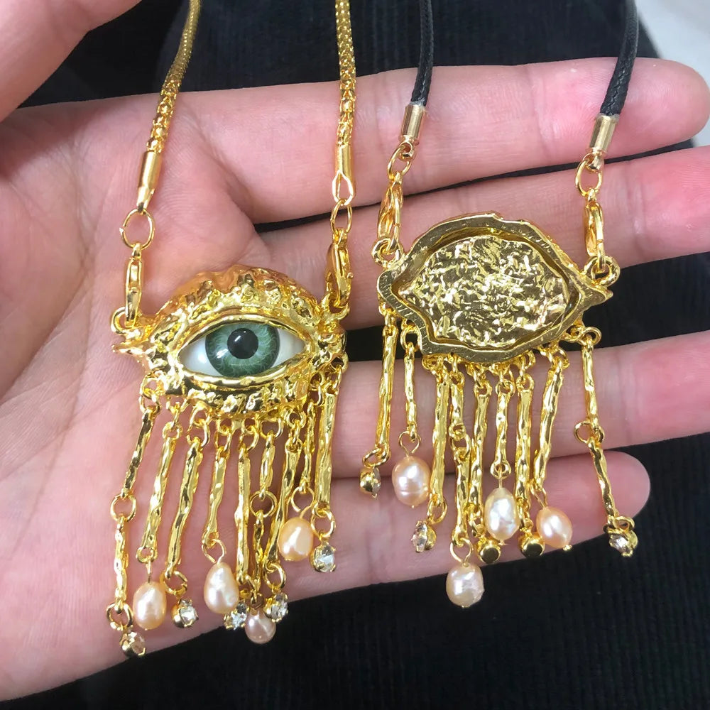 Statement Gold Eye Tassel Necklace