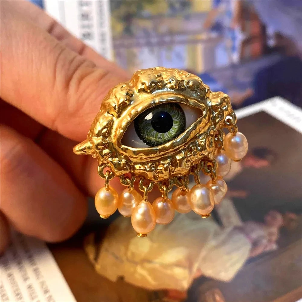 Statement Gold Eye Tassel Ring - Floral Fawna