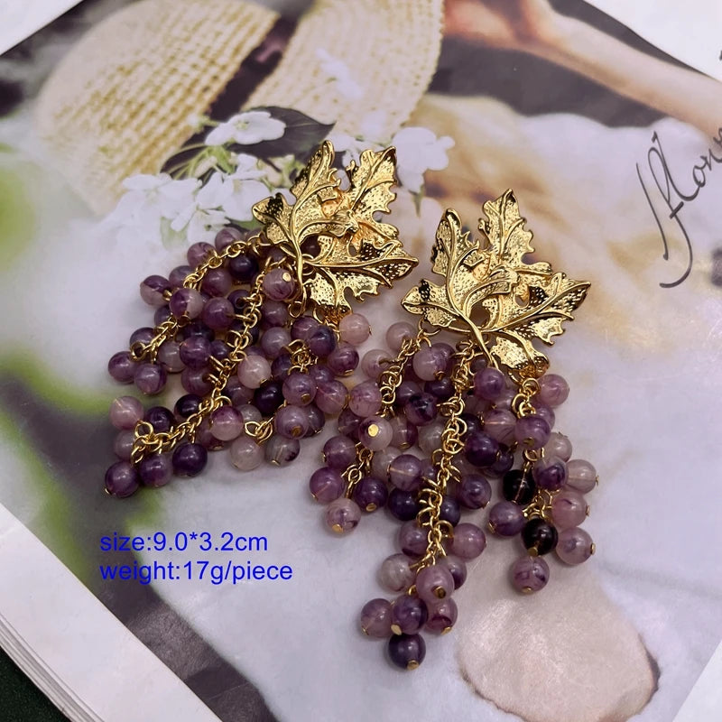Grape &amp; Gold Leaf Tassel Earrings - Floral Fawna