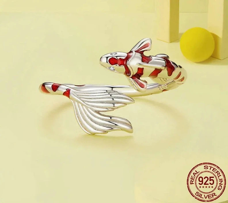 Sterling Silver Red Koi Carp Ring - Floral Fawna