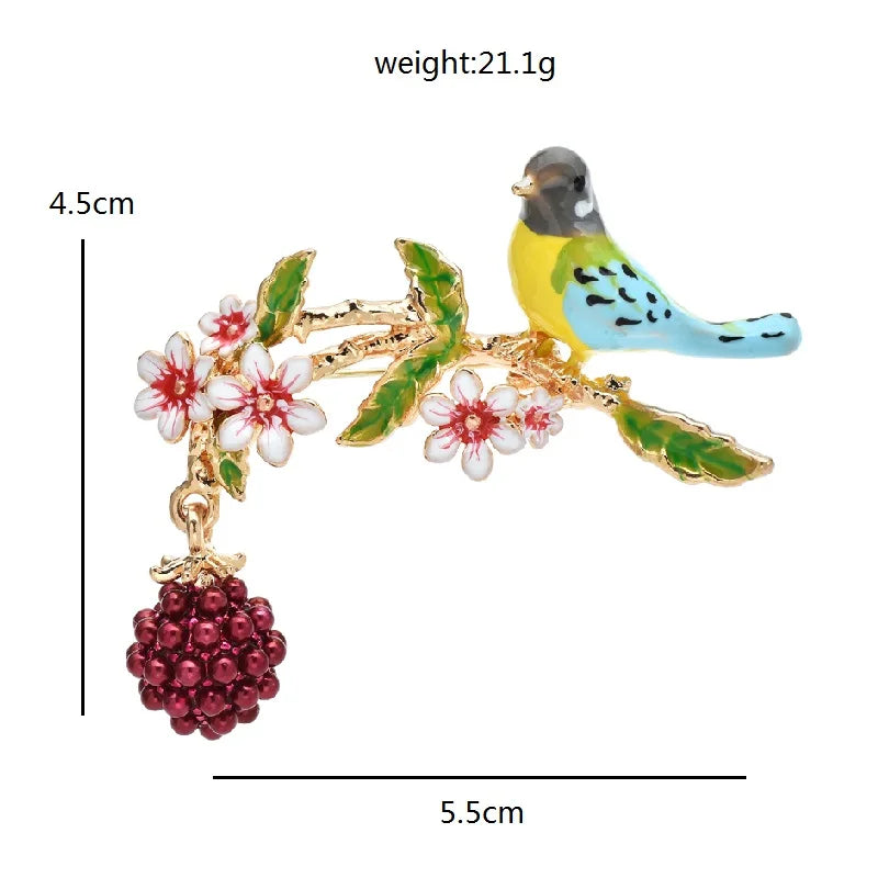 Bird, Raspberry, and Flower Branch Brooch