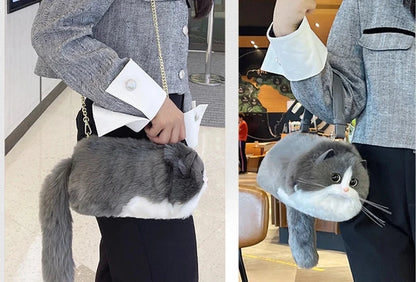 Realistic Grey and White Faux Fur Cat Bag