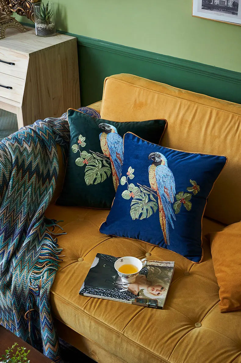 Embroidered Parrot Pillow Case