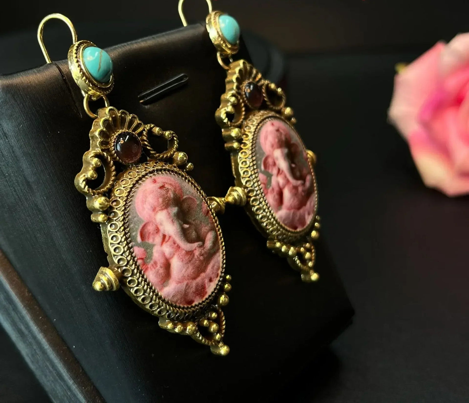 Pink Cameo Ganesh Elephant Earrings