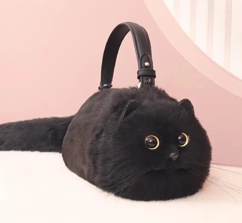 Realistic Black Faux Fur Cat Bag - Floral Fawna
