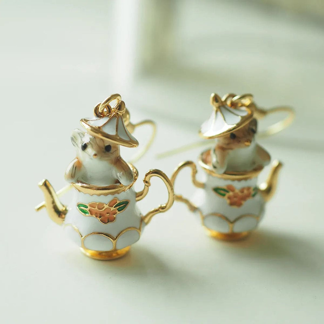 Chipmunk In French Teapot Earrings - Floral Fawna