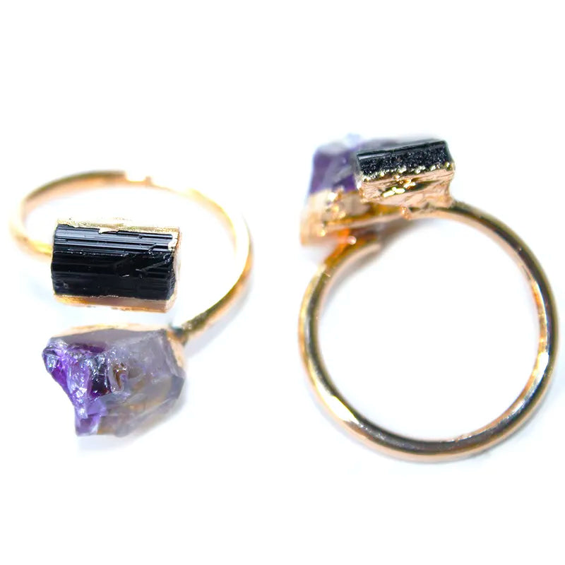 Raw Tourmaline and Amethyst Ring - Floral Fawna