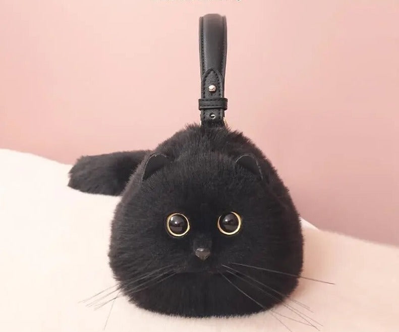 Realistic Black Faux Fur Cat Bag - Floral Fawna