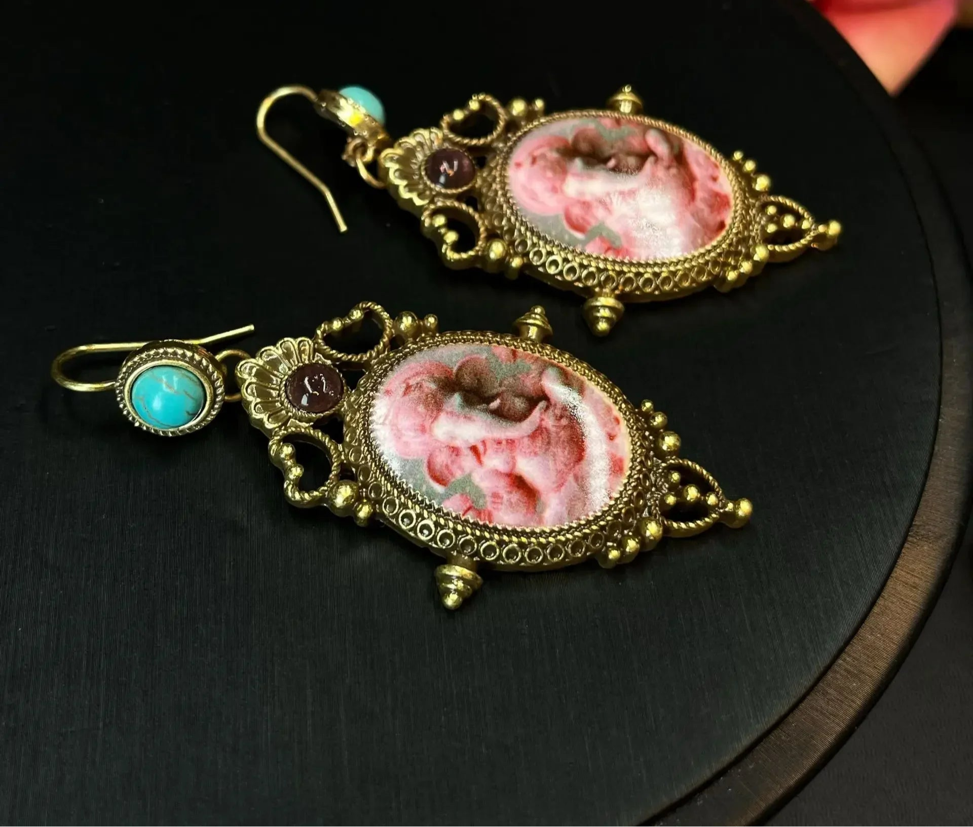 Pink Cameo Ganesh Elephant Earrings