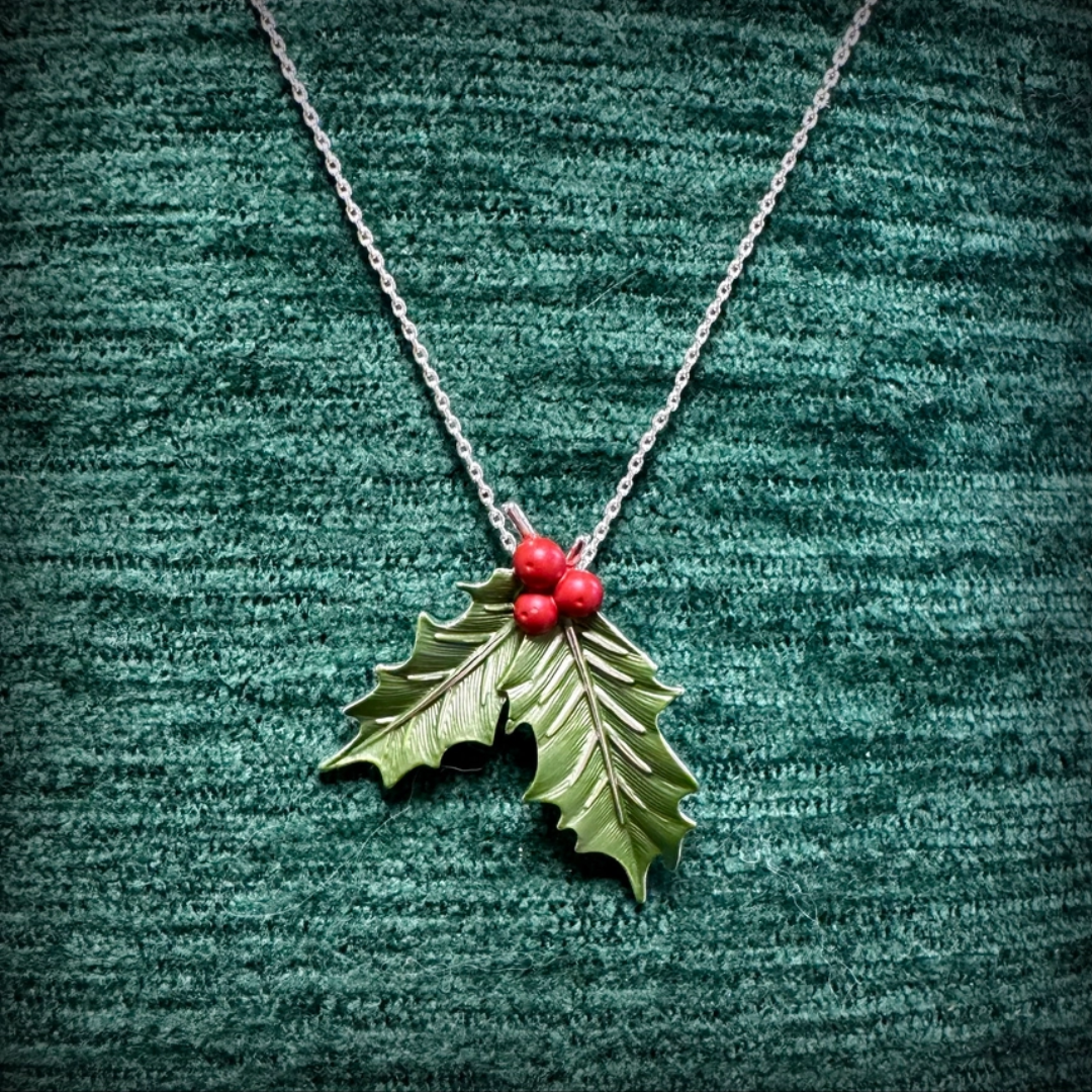 Silver Plated Holly &amp; Berries Christmas Necklace