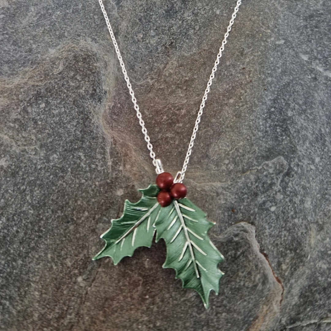 Silver Plated Holly &amp; Berries Christmas Necklace