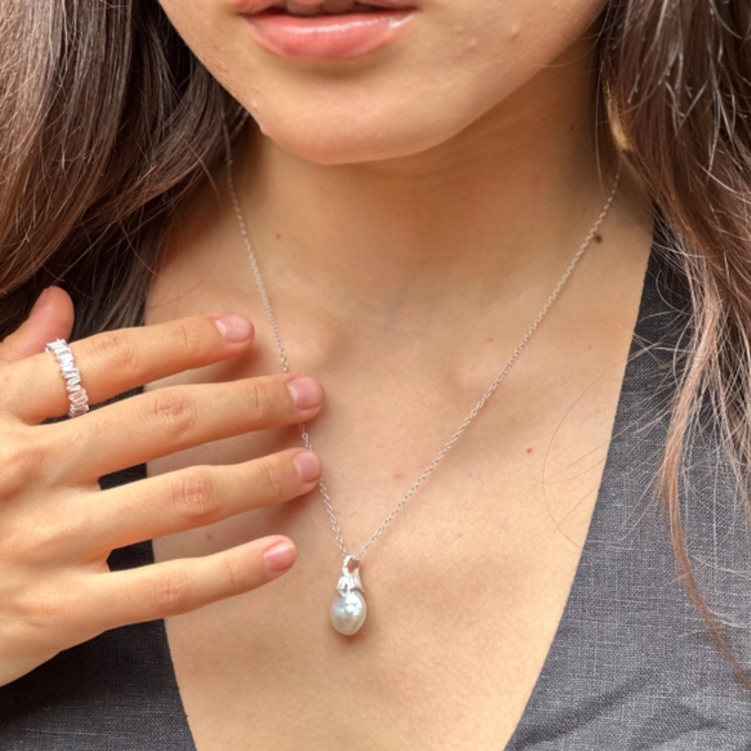 Silver Pearl &amp; Lichen Necklace