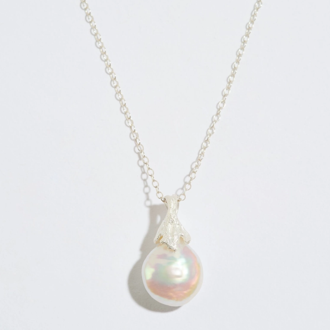 Silver Pearl &amp; Lichen Necklace