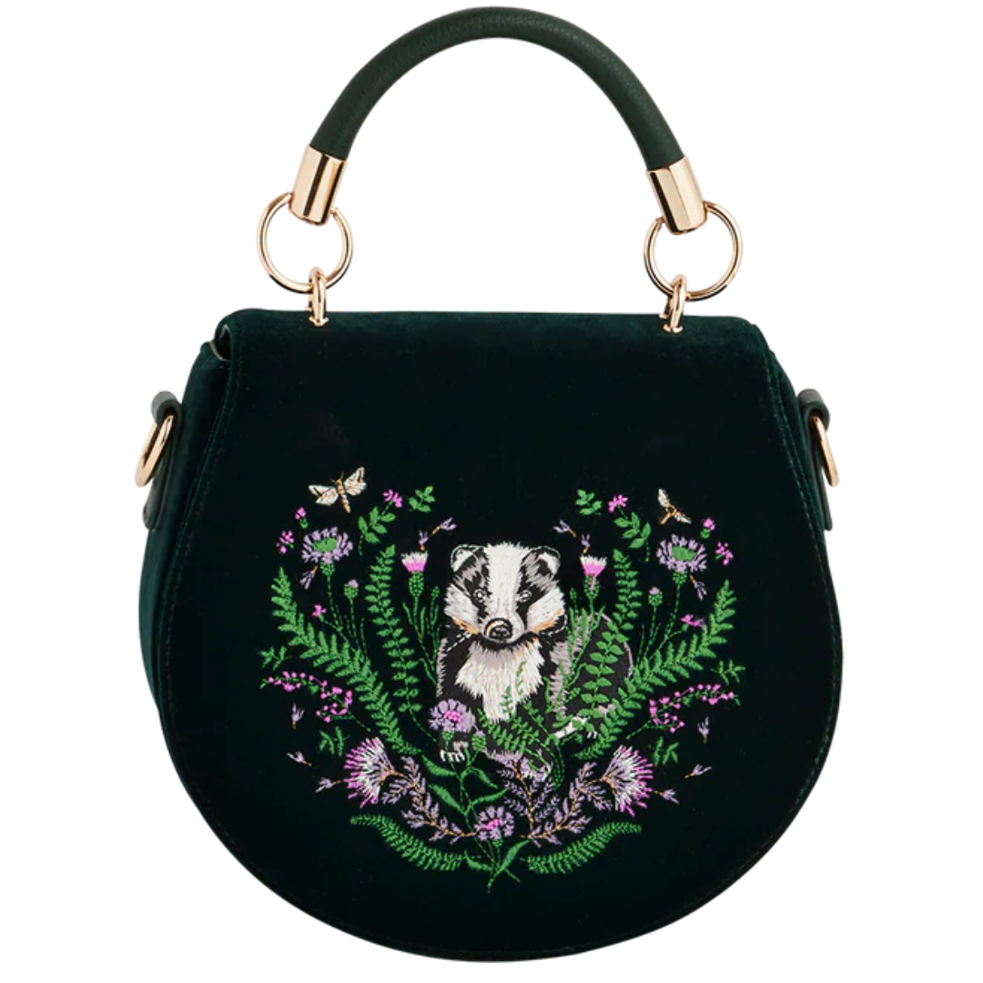 Badger Embroidered Green Top Handle Saddle Bag