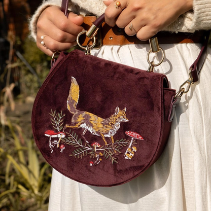 Fox &amp; Mushroom Embroidered Velvet Saddle Purse