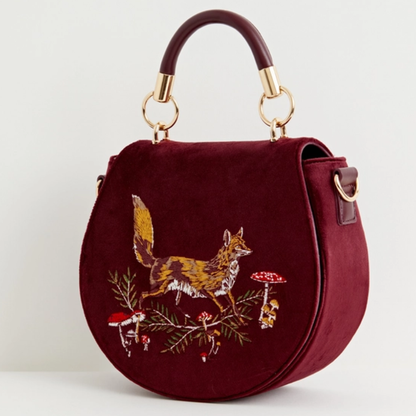 Fox &amp; Mushroom Embroidered Velvet Saddle Purse