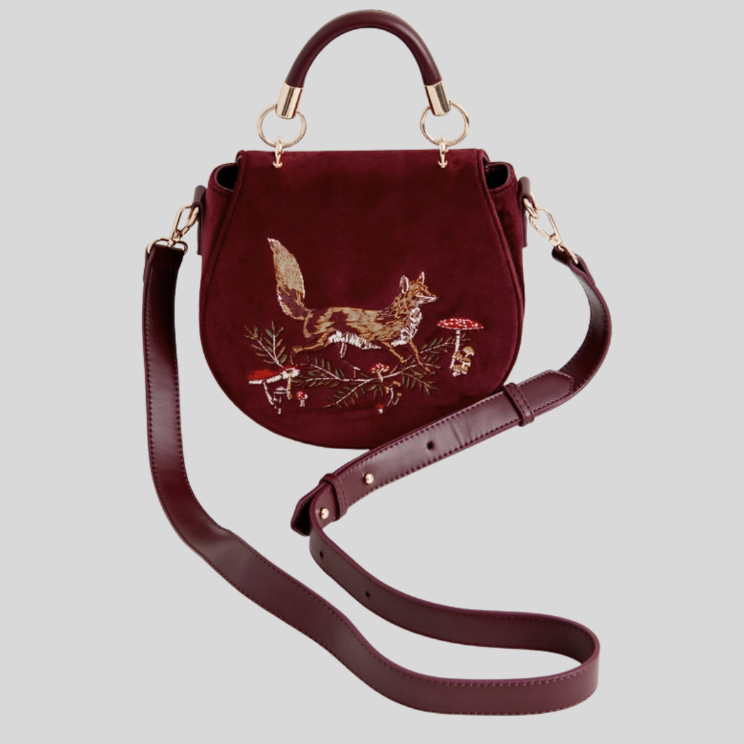 Fox &amp; Mushroom Embroidered Velvet Saddle Purse
