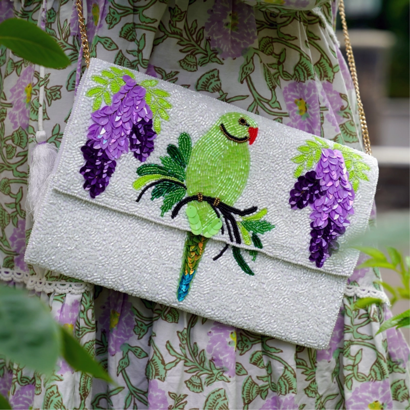 Embellished Ring Neck Parakeet Crossbody Bag
