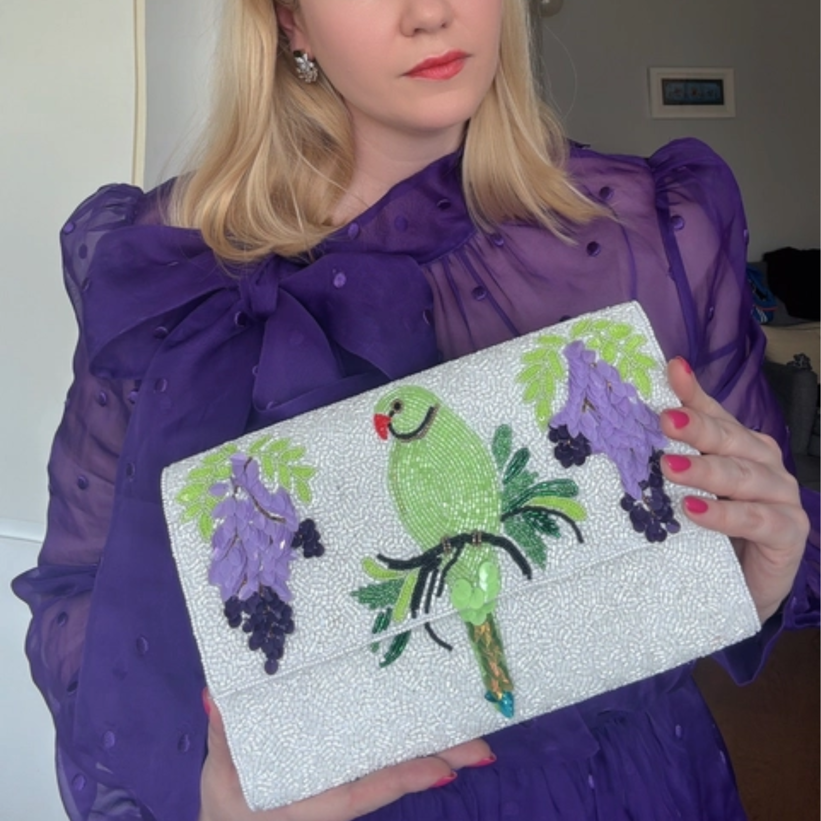 Embellished Ring Neck Parakeet Crossbody Bag