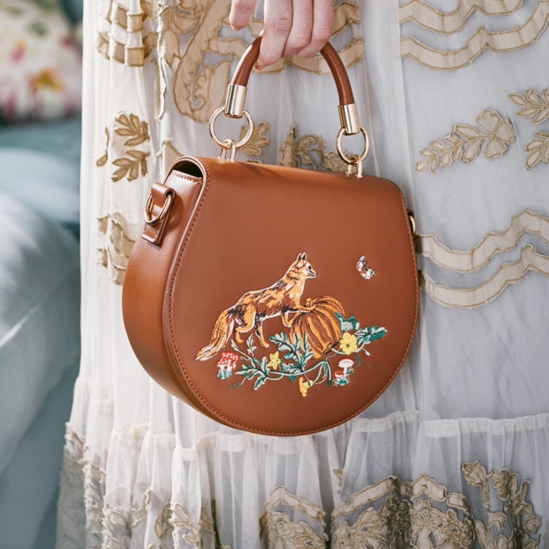 Fox &amp; Pumpkin Embroidered Tan Saddle Purse
