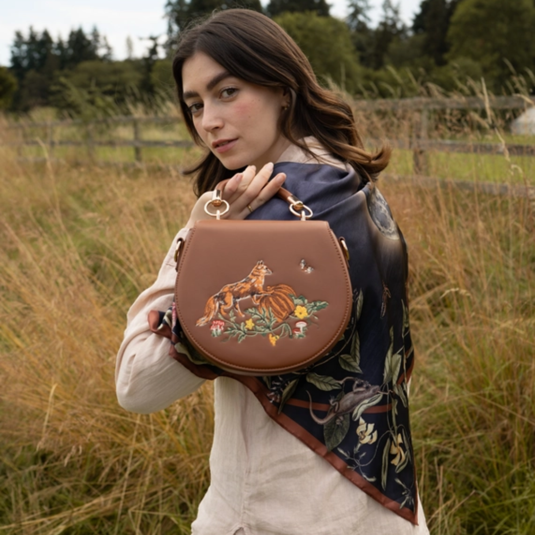 Fox &amp; Pumpkin Embroidered Tan Saddle Purse