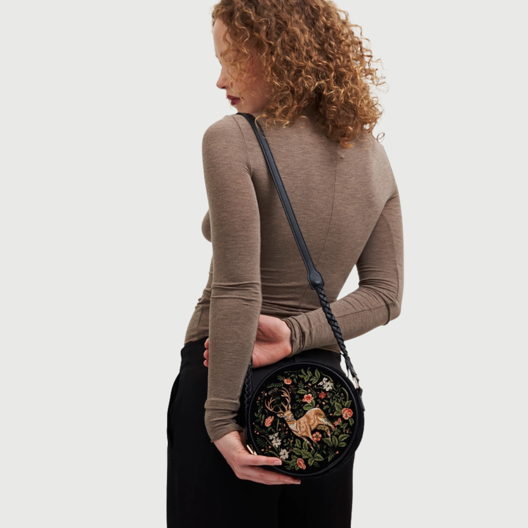 Fawn Embroidered Black Circle Bag