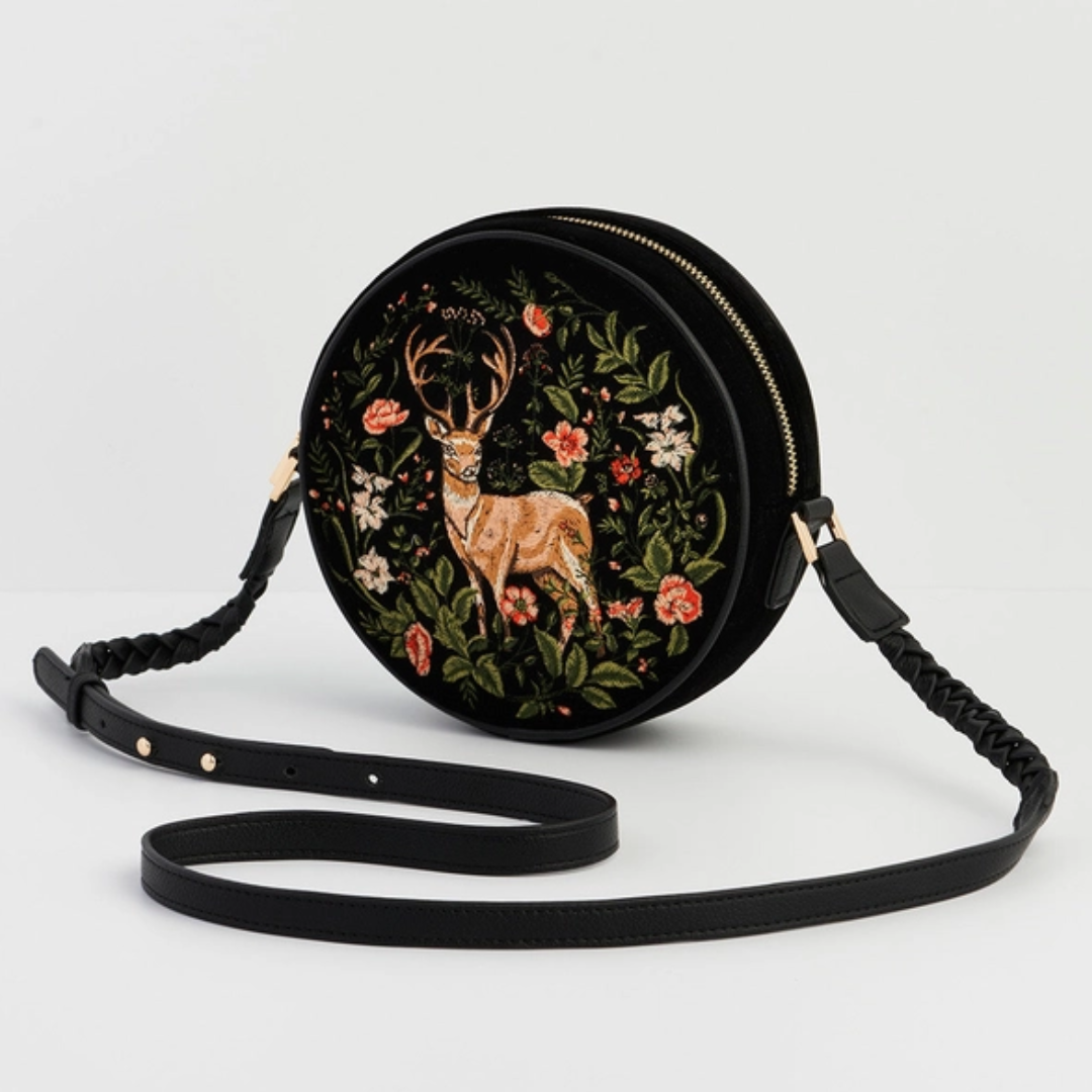 Fawn Embroidered Black Circle Bag
